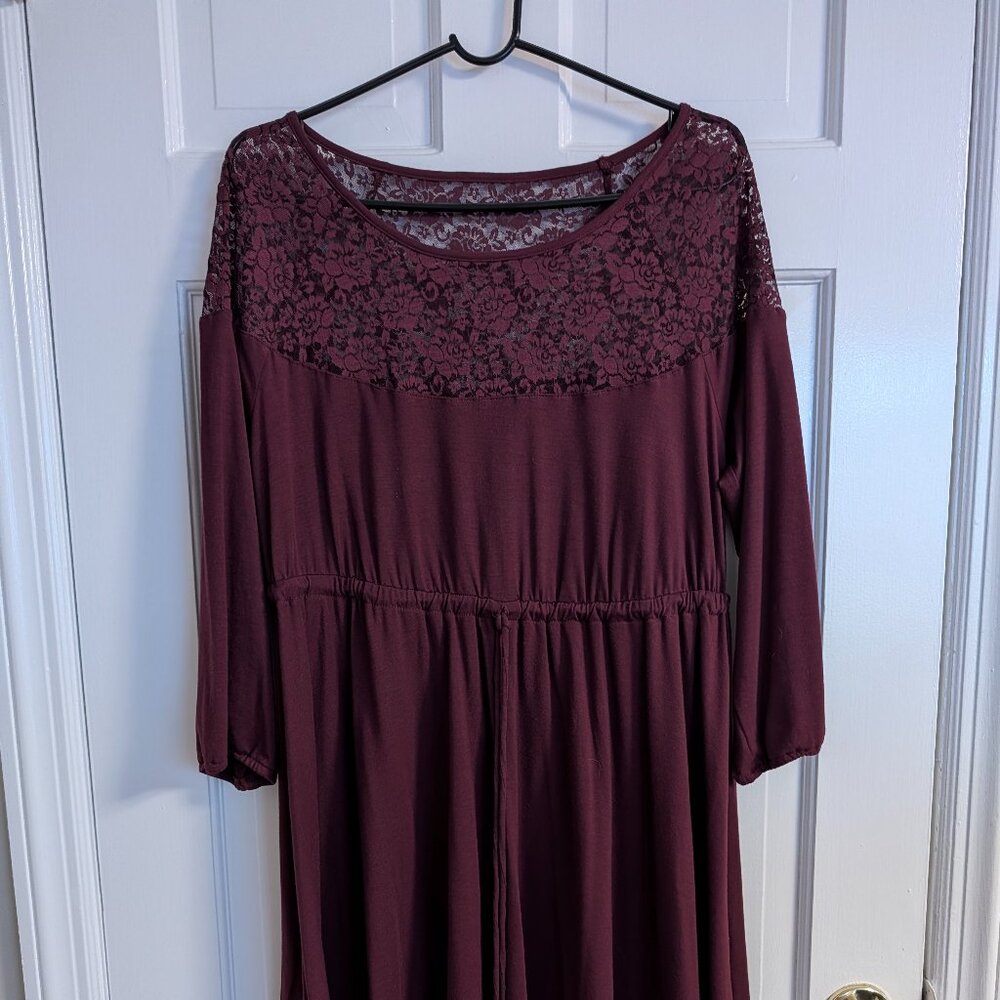 Torrid Size 0 Lace, Burgundy/Wine, 3/4 sleeve, Drawstring Waist, Midi Dress